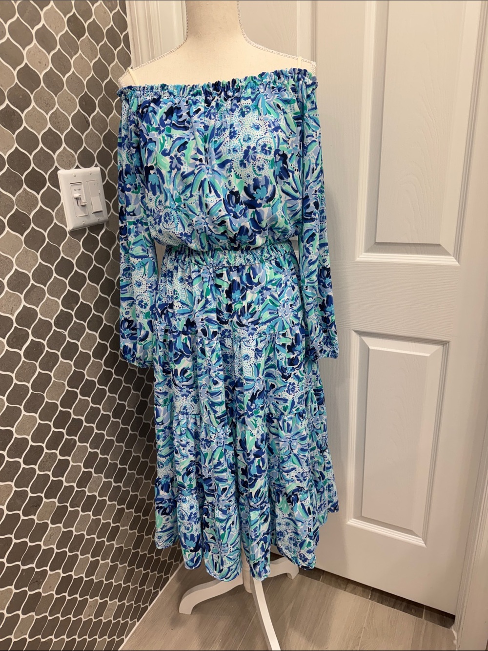 Lilly Pulitzer Off-Shoulder Midi Dress in Blue, Aqua & White Floral Print
